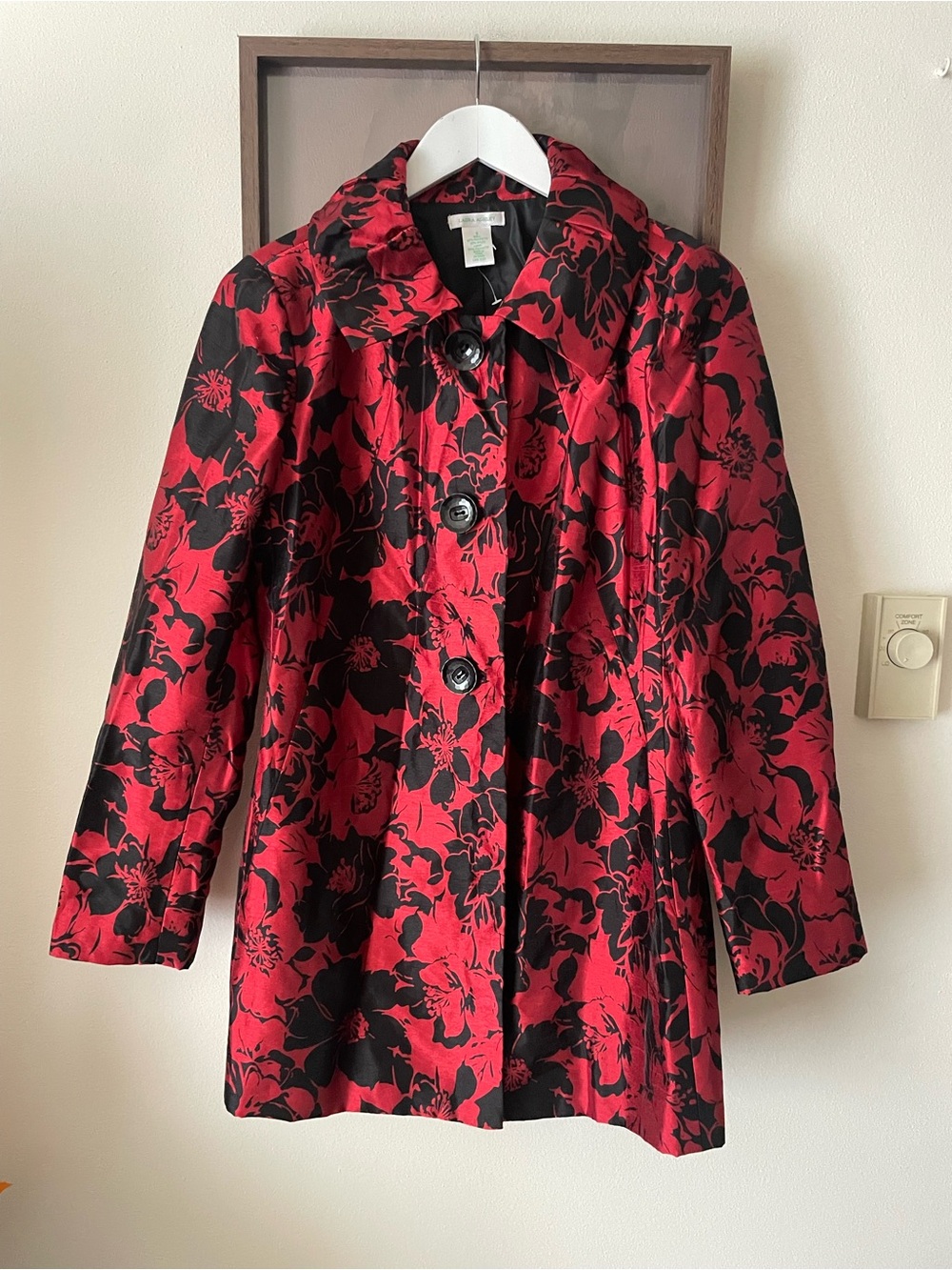 Laura Ashley 90s Y2K Floral Jacquard Trench Coat Small Red Black New